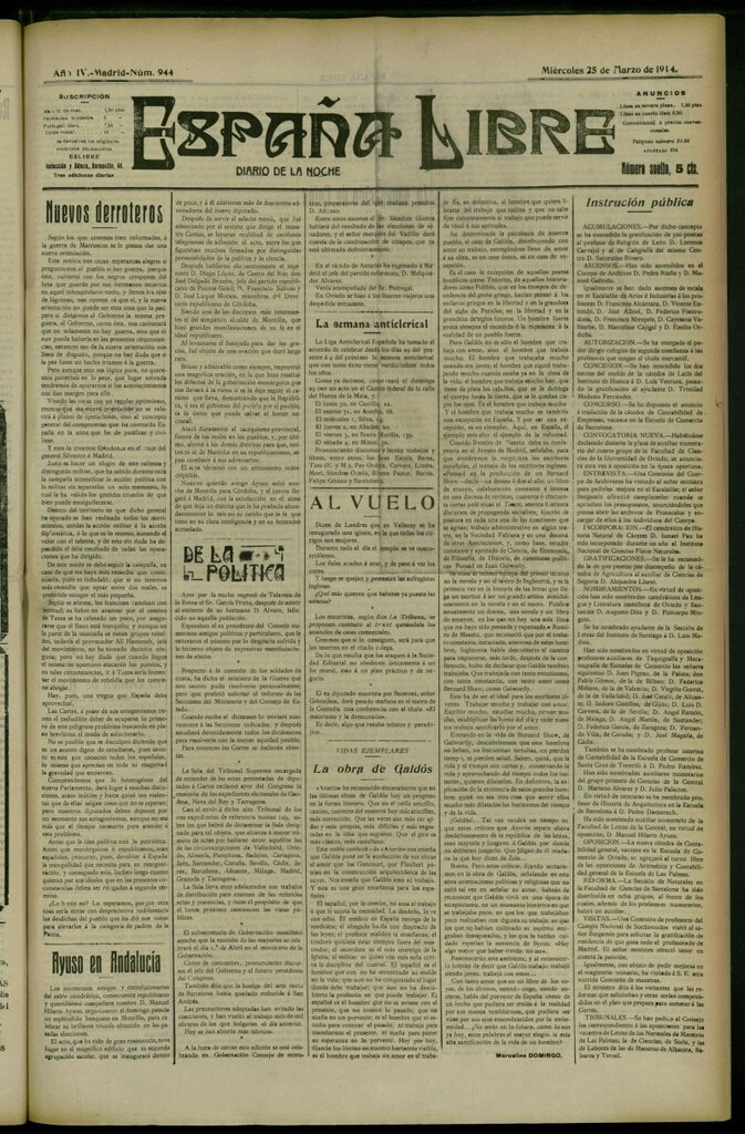 Miniatura de España Libre : Diario de la noche del 25 de marzo de 1914, nº 944