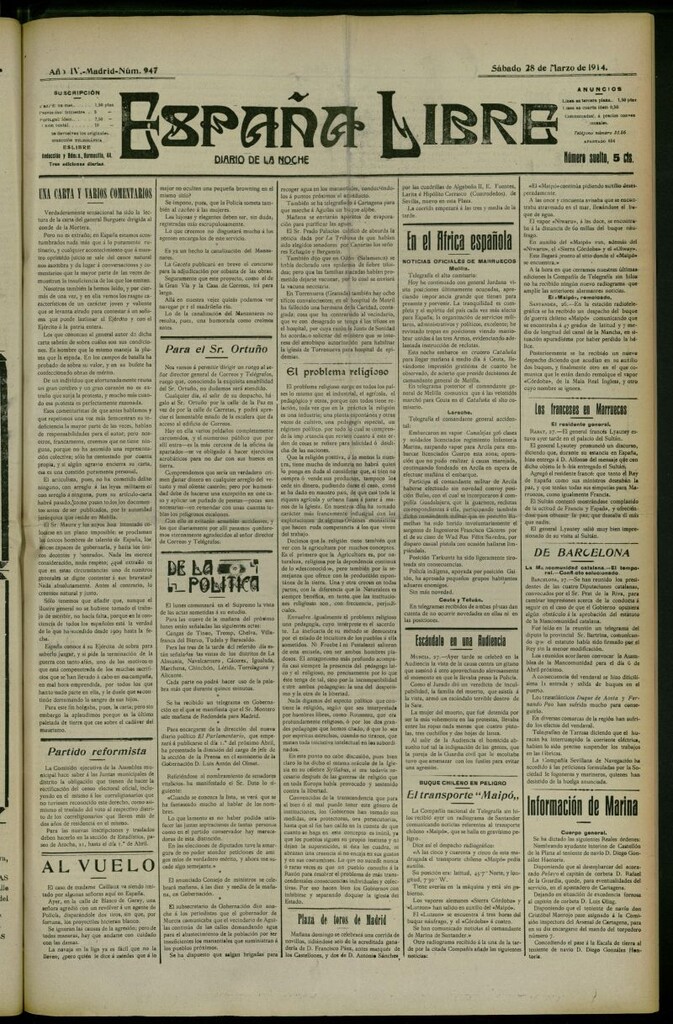 Miniatura de España Libre : Diario de la noche del 28 de marzo de 1914, nº 947