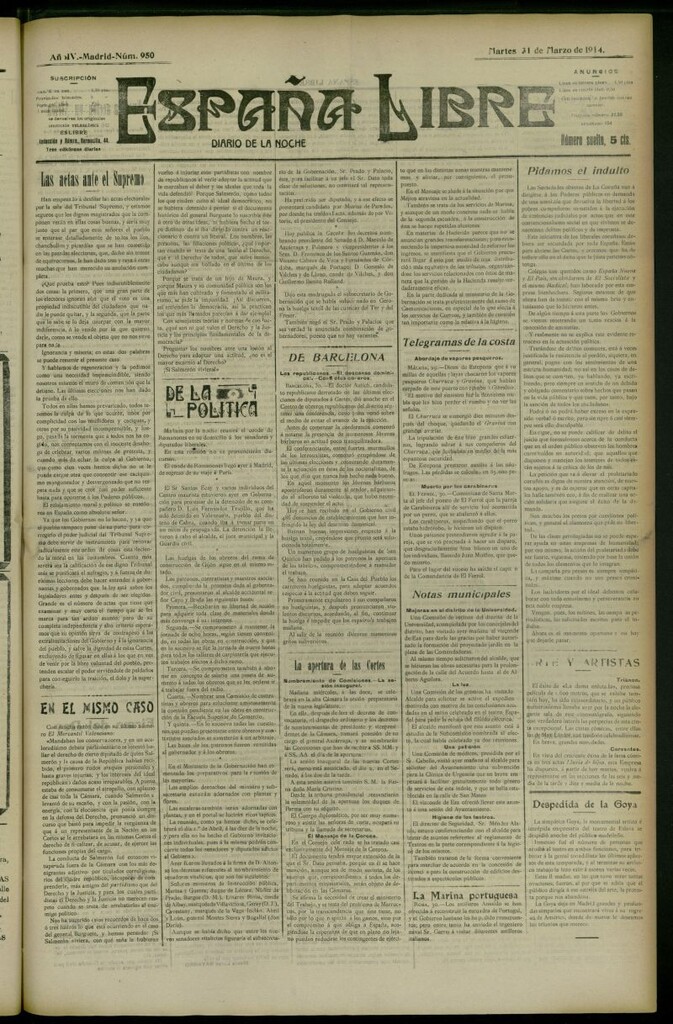 Miniatura de España Libre : Diario de la noche del 31 de marzo de 1914, nº 950