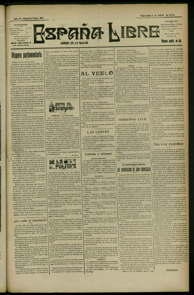 Miniatura de España Libre : Diario de la noche del 1 de abril de 1914, nº 951