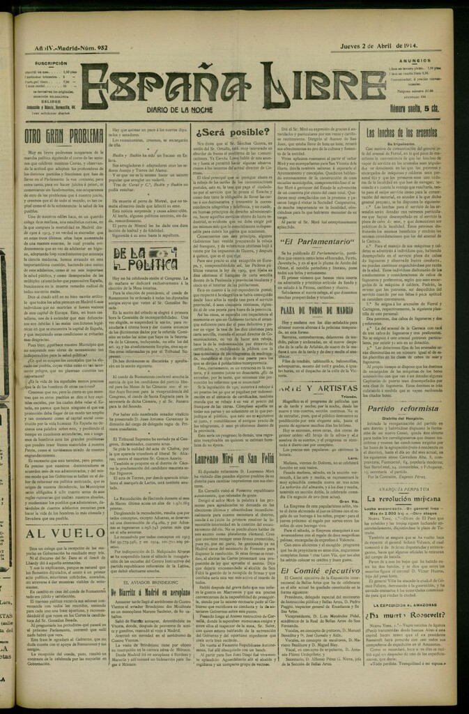 Miniatura de España Libre : Diario de la noche del 2 de abril de 1914, nº 952