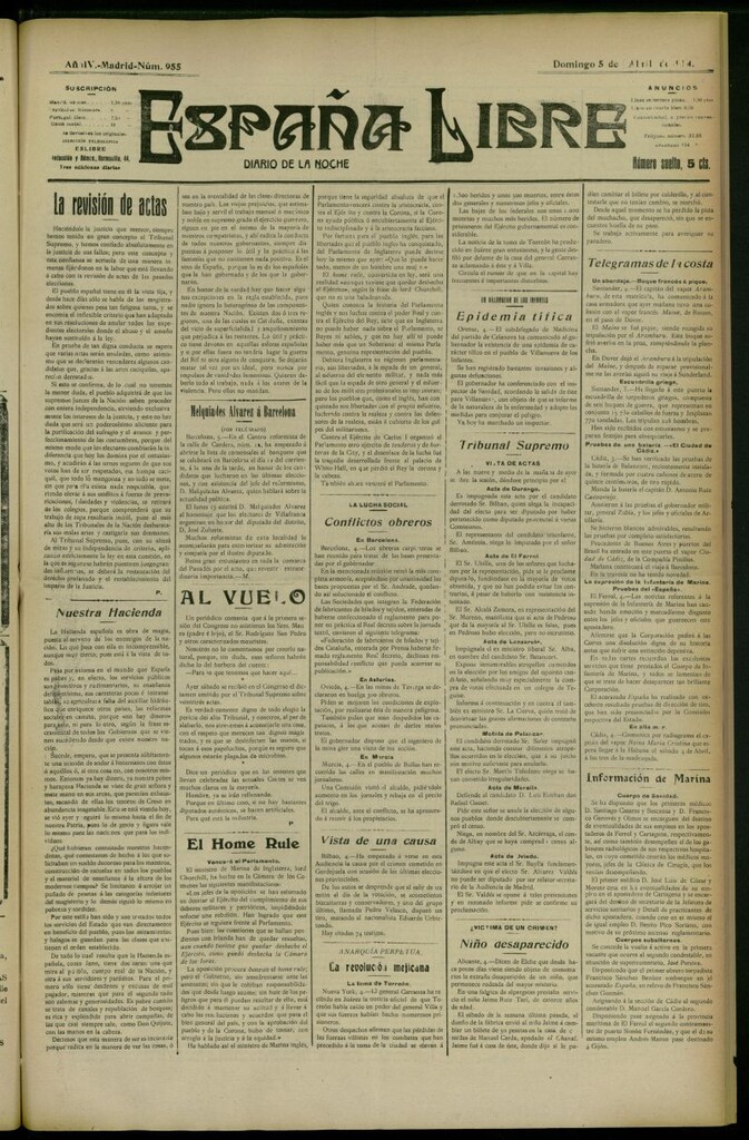 Miniatura de España Libre : Diario de la noche del 5 de abril de 1914, nº 955