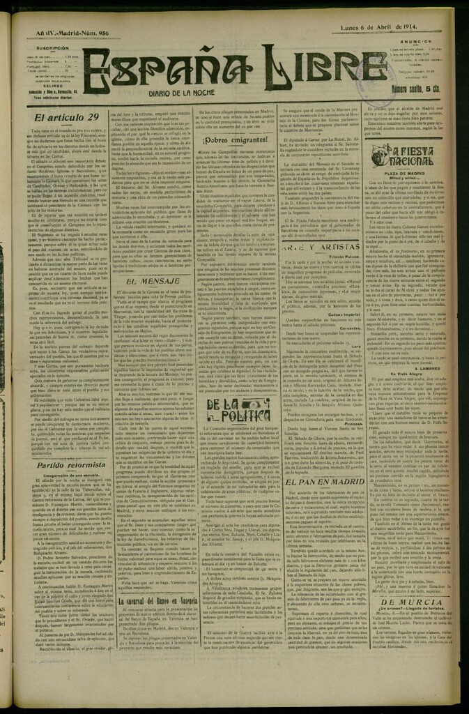 Miniatura de España Libre : Diario de la noche del 6 de abril de 1914, nº 956