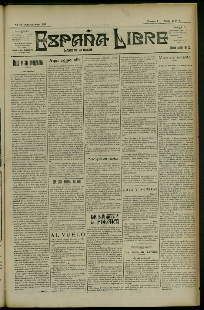 Miniatura de España Libre : Diario de la noche del 7 de abril de 1914, nº 957