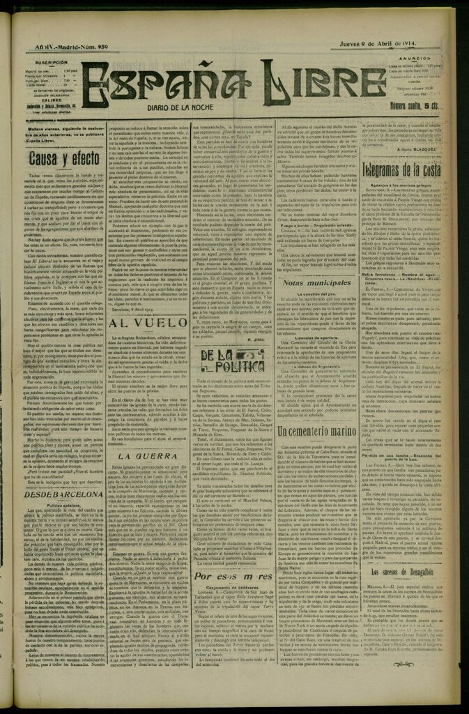 Miniatura de España Libre : Diario de la noche del 9 de abril de 1914, nº 959