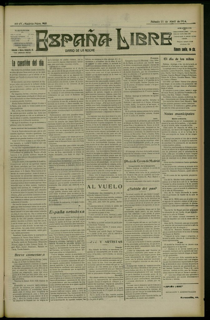 Miniatura de España Libre : Diario de la noche del 11 de abril de 1914, nº 960
