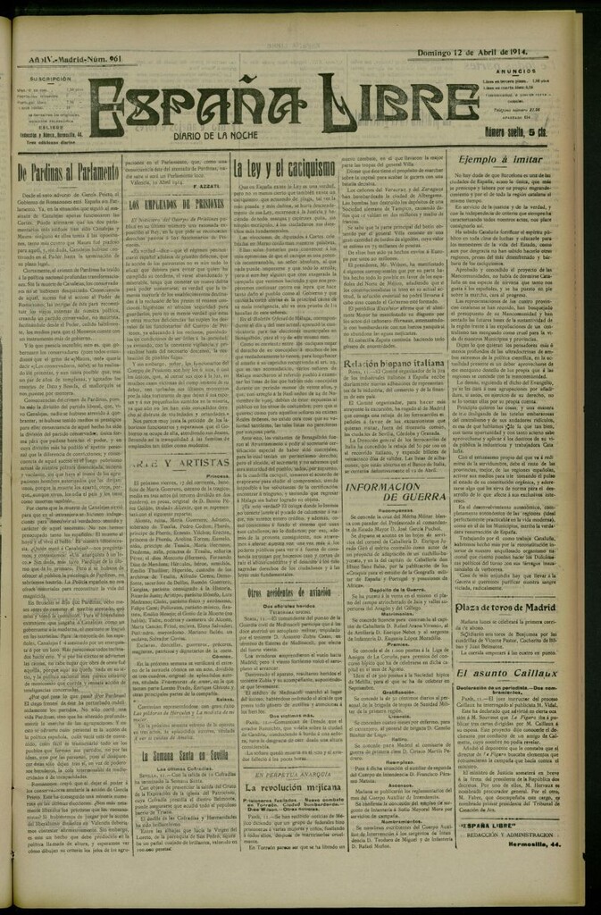 Miniatura de España Libre : Diario de la noche del 12 de abril de 1914, nº 961