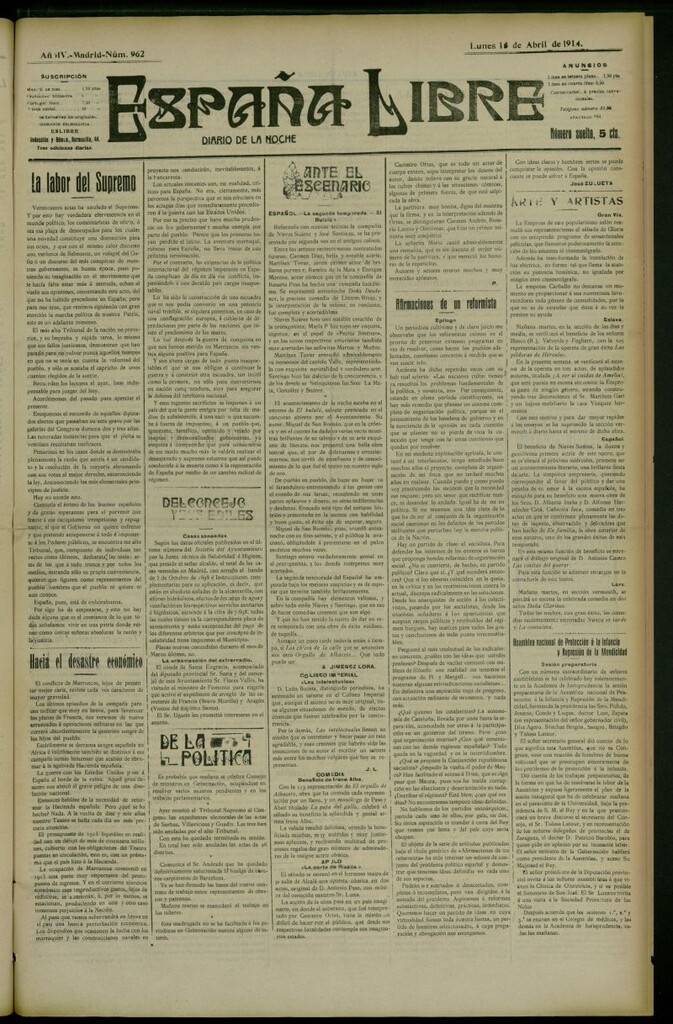 Miniatura de España Libre : Diario de la noche del 13 de abril de 1914, nº 962