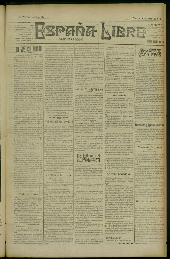 Miniatura de España Libre : Diario de la noche del 14 de abril de 1914, nº 963
