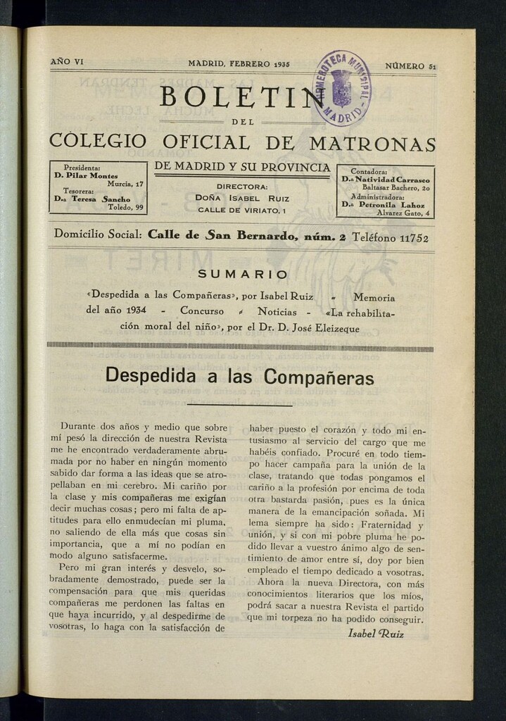 Miniatura de Boletín del Colegio Oficial de Matronas de Madrid y su Provincia de febrero de 1935