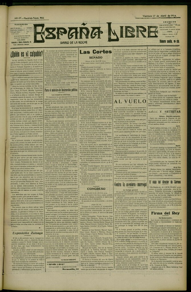 Miniatura de España Libre : Diario de la noche del 17 de abril de 1914, nº 966