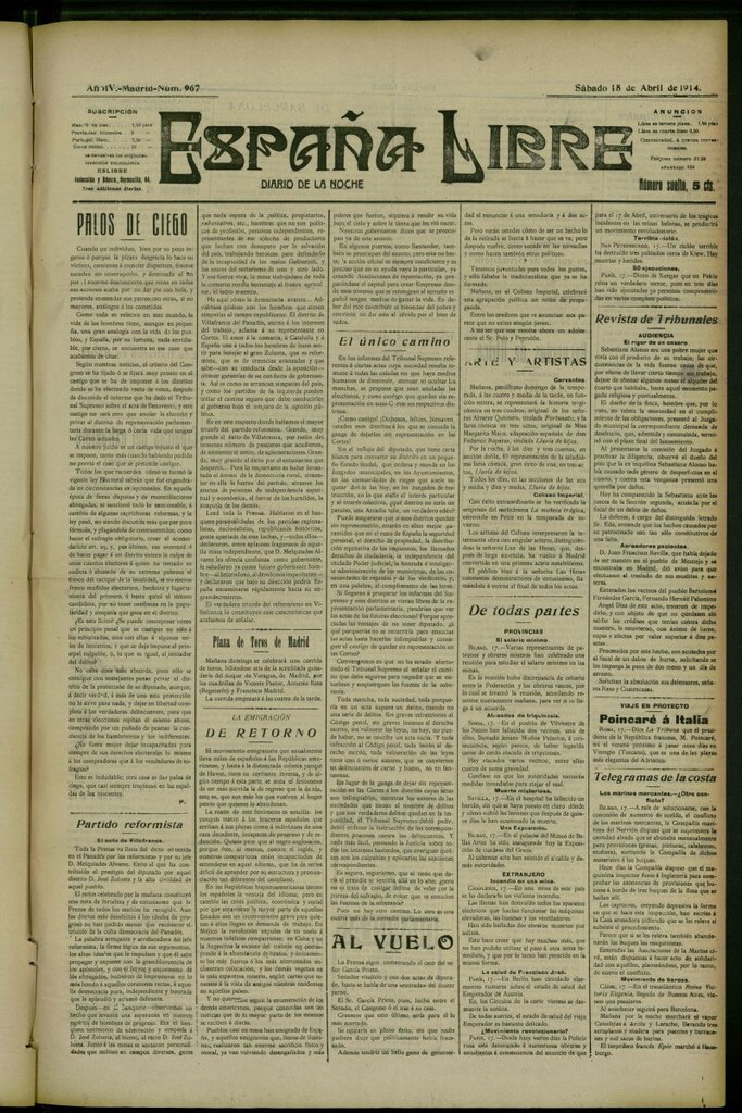 Miniatura de España Libre : Diario de la noche del 18 de abril de 1914, nº 967