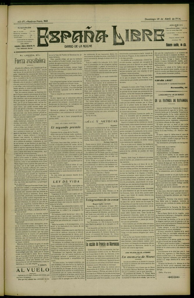 Miniatura de España Libre : Diario de la noche del 19 de abril de 1914, nº 968