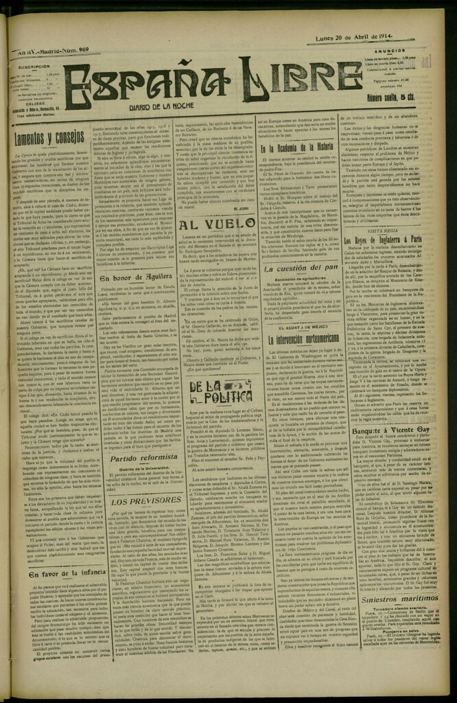 Miniatura de España Libre : Diario de la noche del 20 de abril de 1914, nº 969