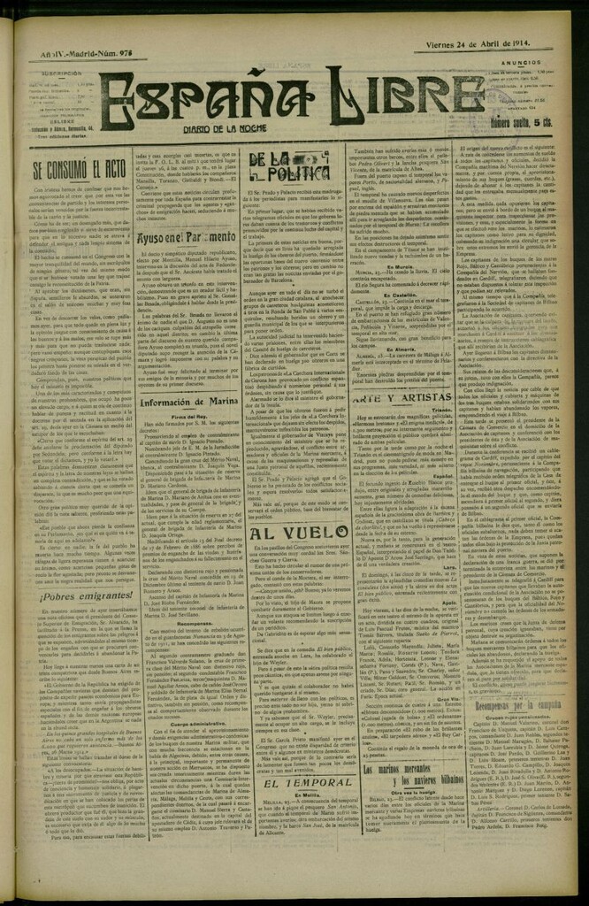 Miniatura de España Libre : Diario de la noche del 24 de abril de 1914, nº 973