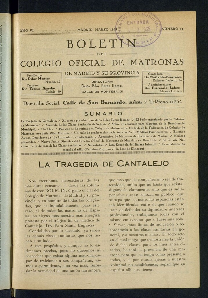 Miniatura de Boletín del Colegio Oficial de Matronas de Madrid y su Provincia de marzo de 1935