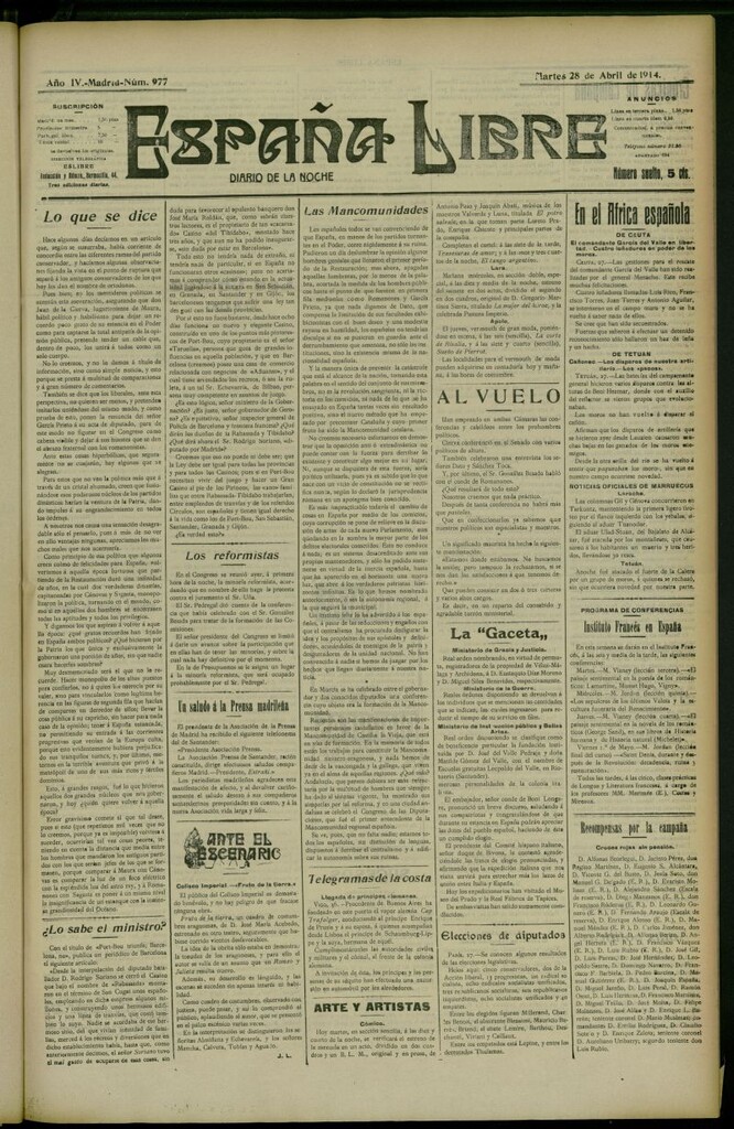 Miniatura de España Libre : Diario de la noche del 28 de abril de 1914, nº 977