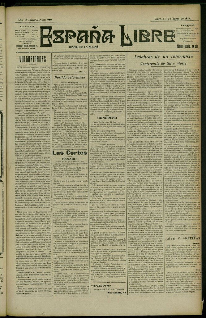 Miniatura de España Libre : Diario de la noche del 1 de marzo de 1914, n º 980 [sic]