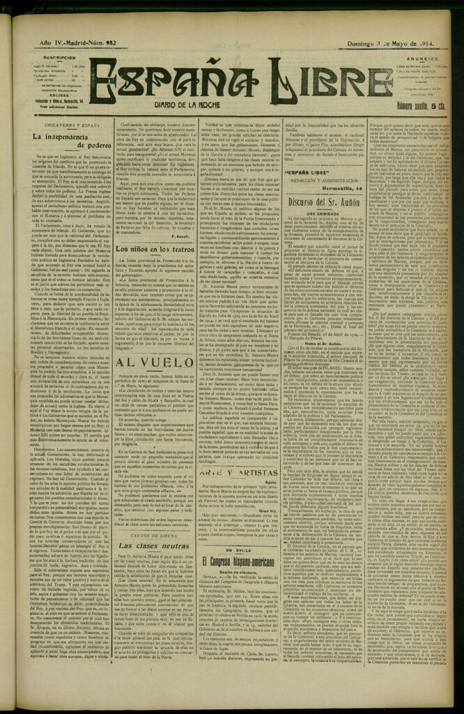 Miniatura de España Libre : Diario de la noche del 3 de mayo de 1914, nº 982