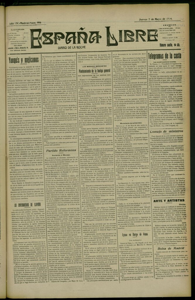 Miniatura de España Libre : Diario de la noche del 7 de mayo de 1914, nº 986