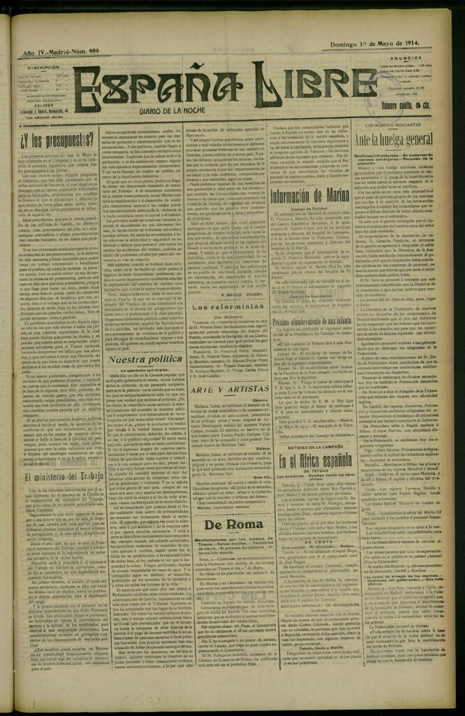 Miniatura de España Libre : Diario de la noche del 10 de mayo de 1914, nº 989