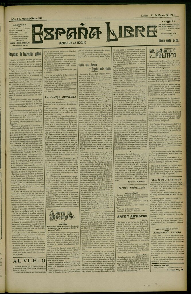 Miniatura de España Libre : Diario de la noche del 11 de mayo de 1914, nº 990
