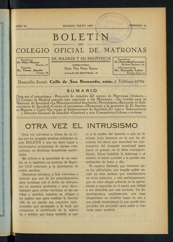 Miniatura de Boletín del Colegio Oficial de Matronas de Madrid y su Provincia de mayo de 1935