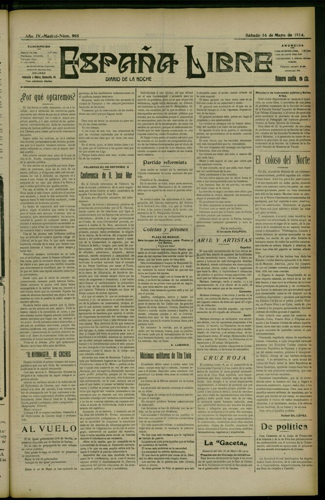 Miniatura de España Libre : Diario de la noche del 16 de mayo de 1914, nº 995