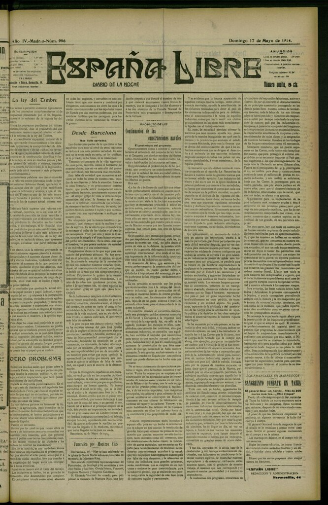 Miniatura de España Libre : Diario de la noche del 17 de mayo de 1914, nº 996