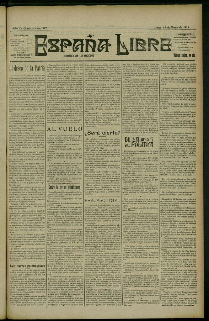 Miniatura de España Libre : Diario de la noche del 18 de mayo de 1914, nº 997