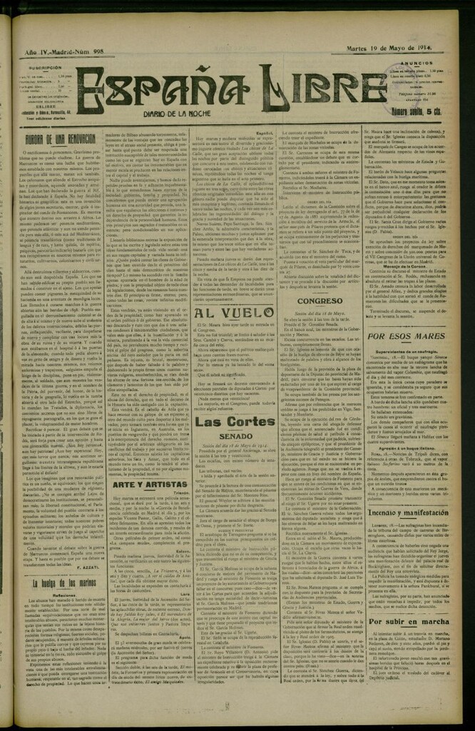 Miniatura de España Libre : Diario de la noche del 19 de mayo de 1914, nº 998