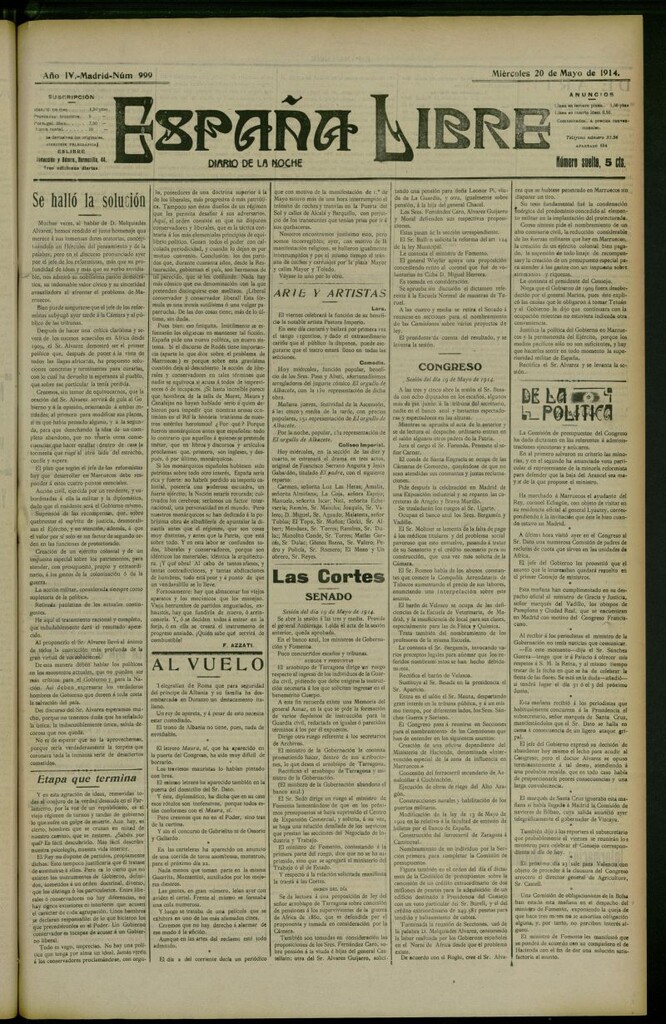 Miniatura de España Libre : Diario de la noche del 20 de mayo de 1914, nº 999