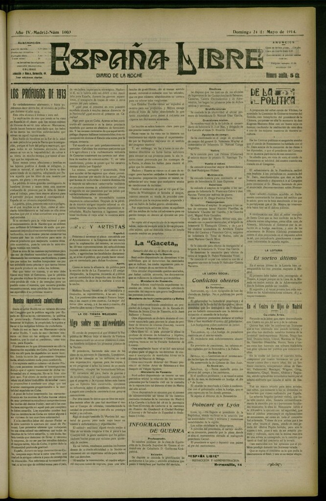 Miniatura de España Libre : Diario de la noche del 24 de mayo de 1914, nº 1003