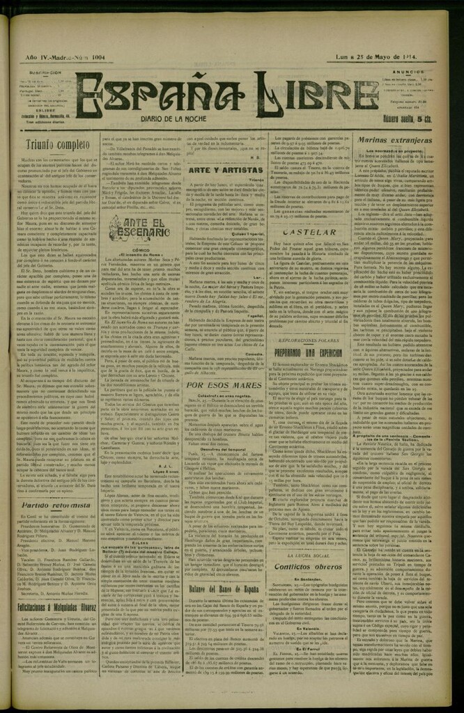Miniatura de España Libre : Diario de la noche del 25 de mayo de 1914, nº 1004