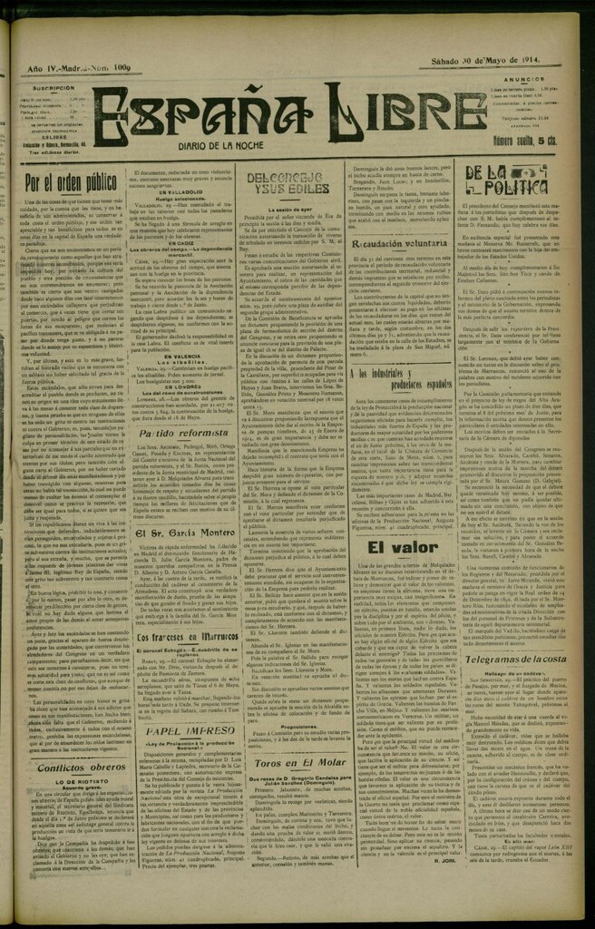 Miniatura de España Libre : Diario de la noche del 30 de mayo de 1914, nº 1009