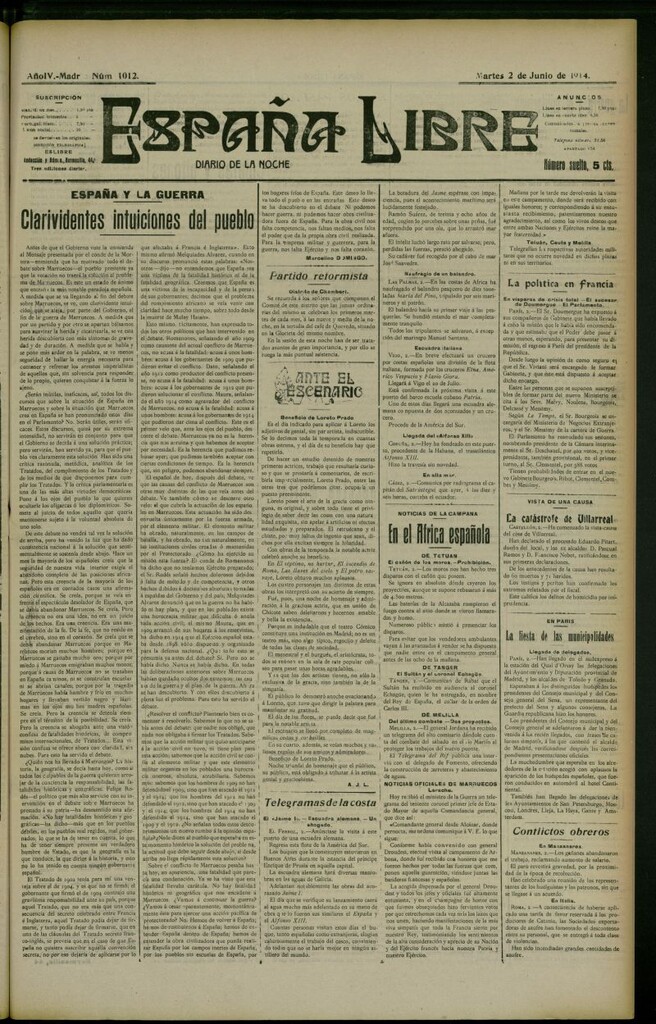 Miniatura de España Libre : Diario de la noche del 2 de junio de 1914, nº 1012