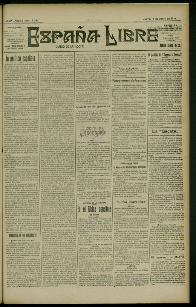 Miniatura de España Libre : Diario de la noche del 4 de junio de 1914, nº 1104 [sic]