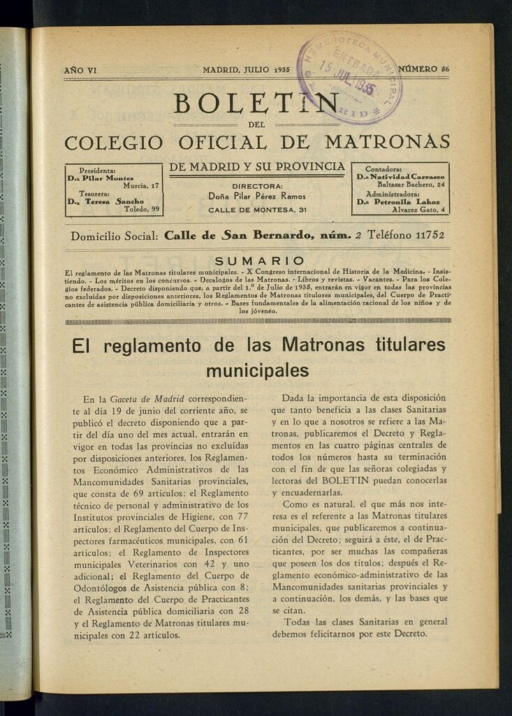 Miniatura de Boletín del Colegio Oficial de Matronas de Madrid y su Provincia de julio de 1935