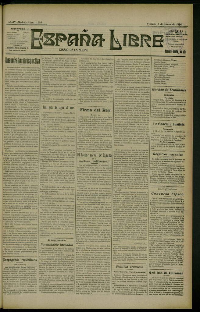 Miniatura de España Libre : Diario de la noche del 5 de junio de 1914, nº 1105 [sic]