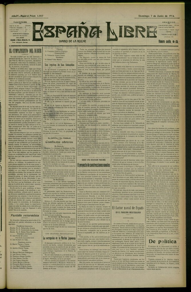 Miniatura de España Libre : Diario de la noche del 7 de junio de 1914, nº 1017