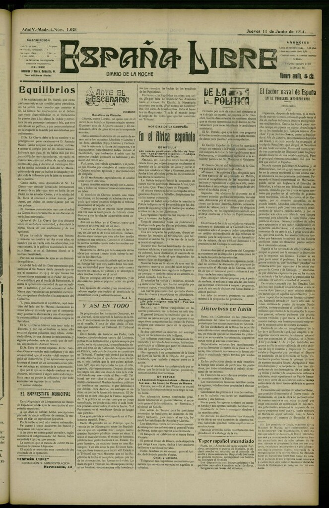 Miniatura de España Libre : Diario de la noche del 11 de junio de 1914, nº 1021