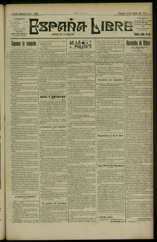 Miniatura de España Libre : Diario de la noche del 12 de junio de 1914, nº 1022