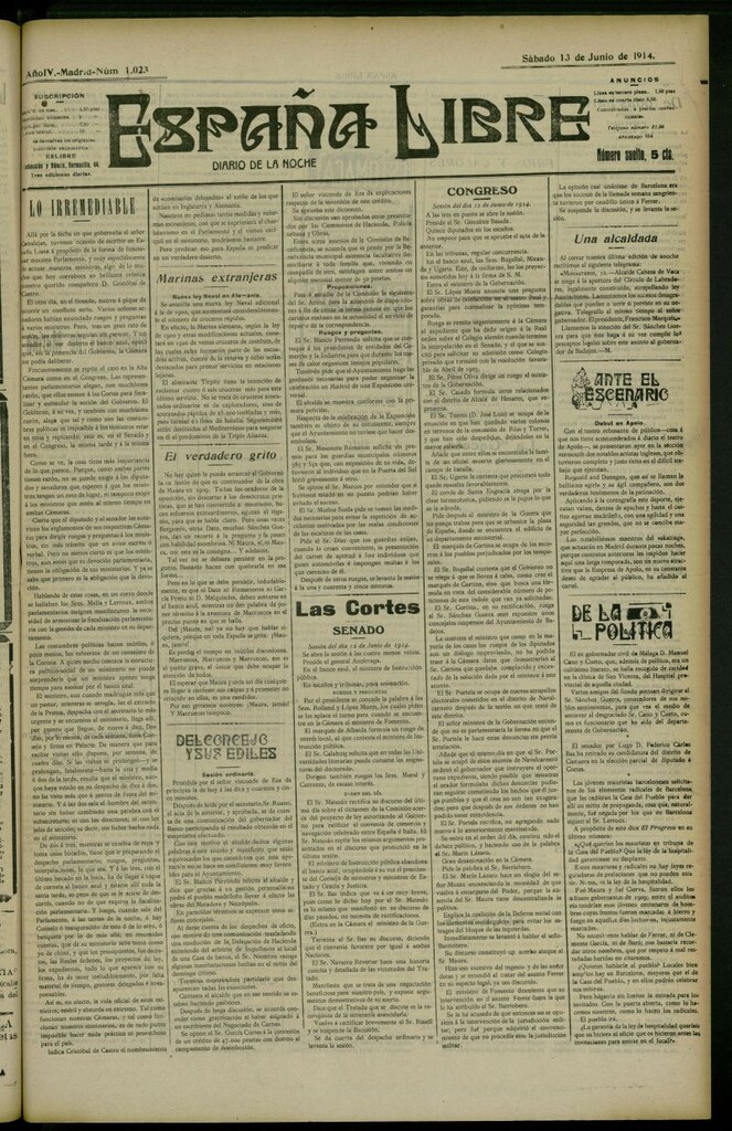 Miniatura de España Libre : Diario de la noche del 13 de junio de 1914, nº 1023