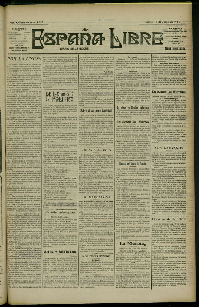 Miniatura de España Libre : Diario de la noche del 15 de junio de 1914, nº 1025