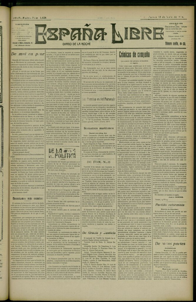 Miniatura de España Libre : Diario de la noche del 18 de junio de 1914, nº 1028