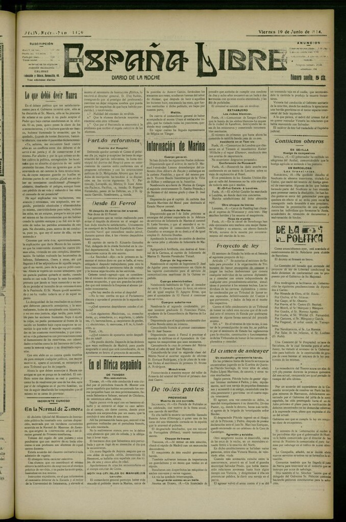 Miniatura de España Libre : Diario de la noche del 19 de junio de 1914, nº 1029