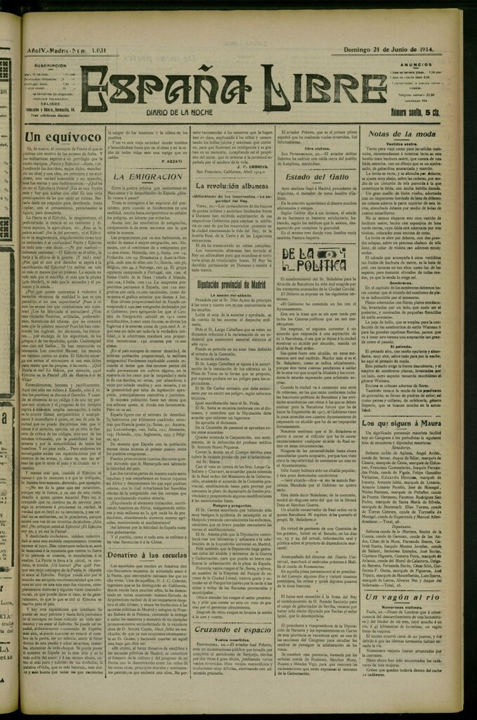 Miniatura de España Libre : Diario de la noche del 21 de junio de 1914, nº 1031