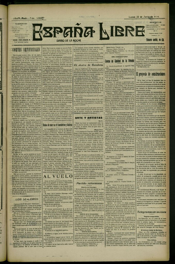 Miniatura de España Libre : Diario de la noche del 22 de junio de 1914, nº 1032