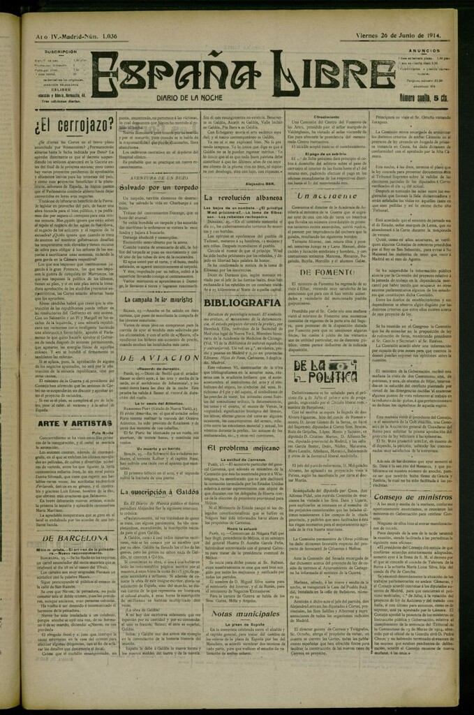 Miniatura de España Libre : Diario de la noche del 26 de junio de 1914, nº 1036