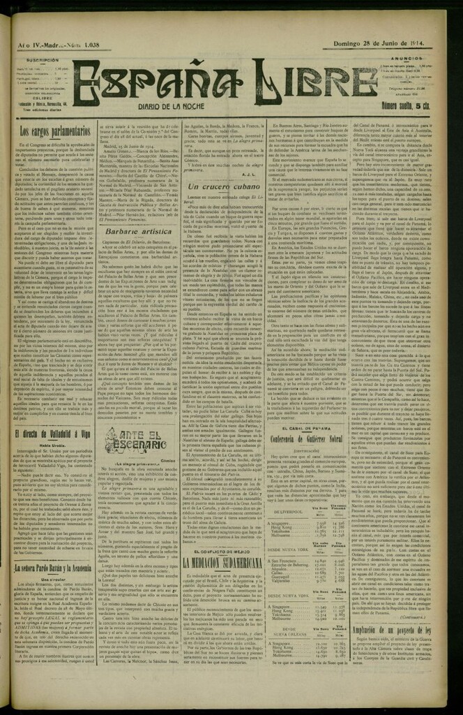 Miniatura de España Libre : Diario de la noche del 28 de junio de 1914, nº 1038